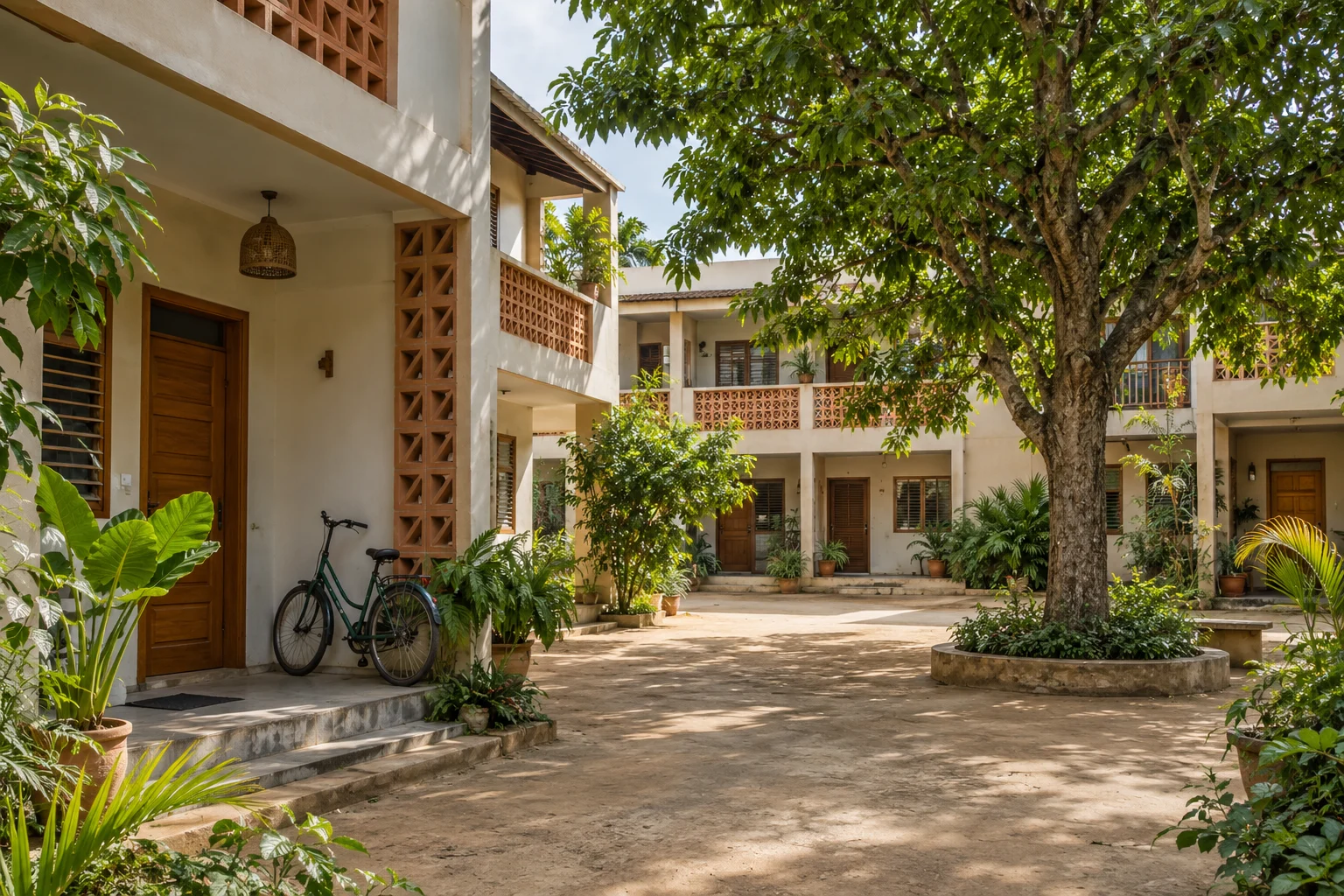 Editorial illustration: a housing courtyard in Benin; no actual SImAU programme is depicted.