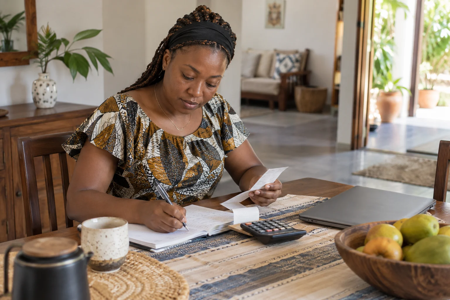Editorial illustration: preparing tax documents at home.