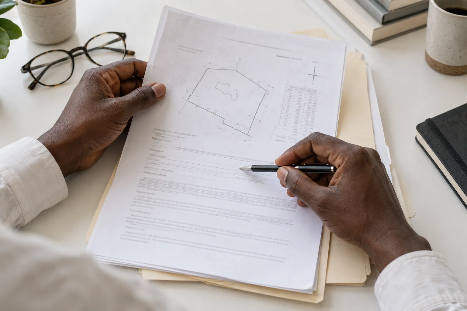 Editorial illustration: reviewing property documents.