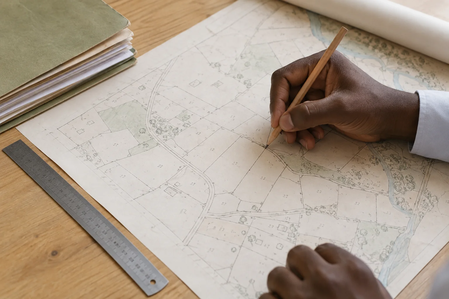 Illustration éditoriale : lecture d’un plan parcellaire.