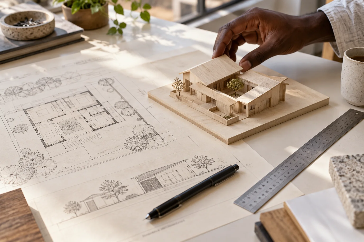 Editorial illustration: plans and a model for a housing project.